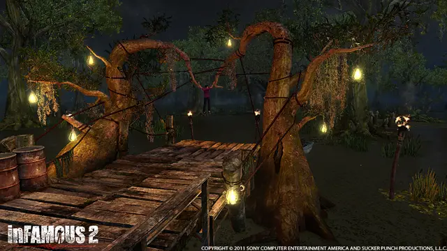 Swamp altar lit by hanging lanterns