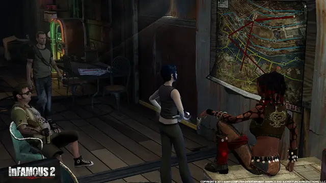 Characters in the boxcar, in a cutscene