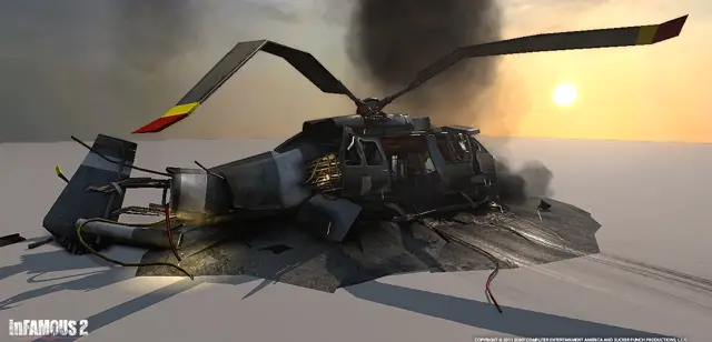 Crashed helicopter on a rooftop