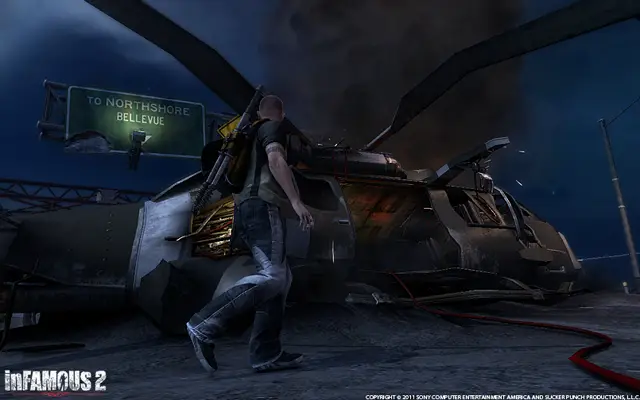 A character at the wreck at night, in a cutscene