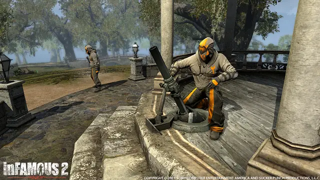 A militiaman firing the mortar, in game