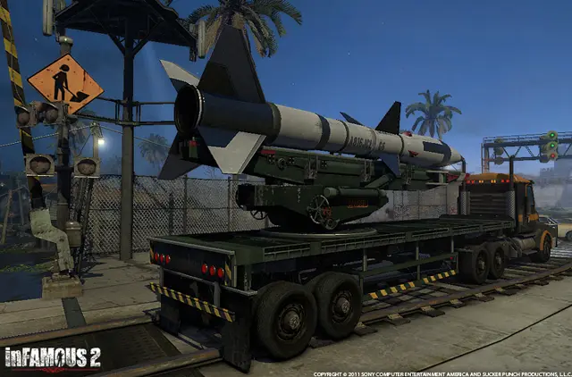 The nuke on its truck at a checkpoint, in game