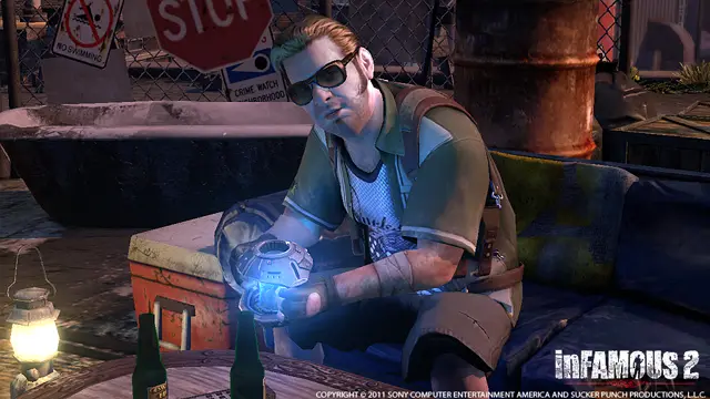 A character holding the glowing inhibitor