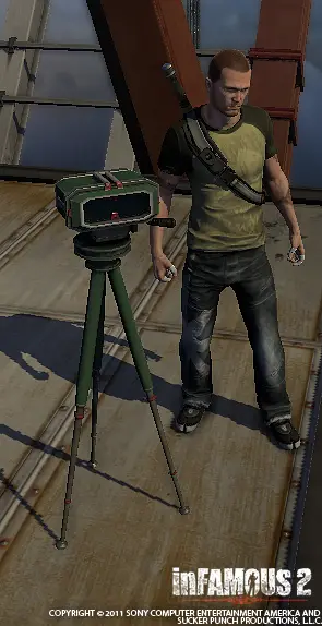 A character beside the tripod target