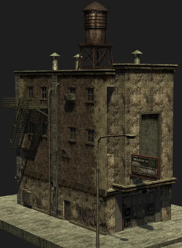 Dilapidated building with a water tower