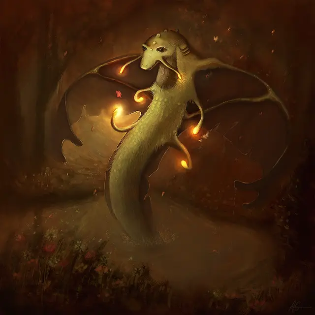 Small dragon among glowing lights