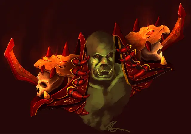 Red shoulder armor with an orc's head