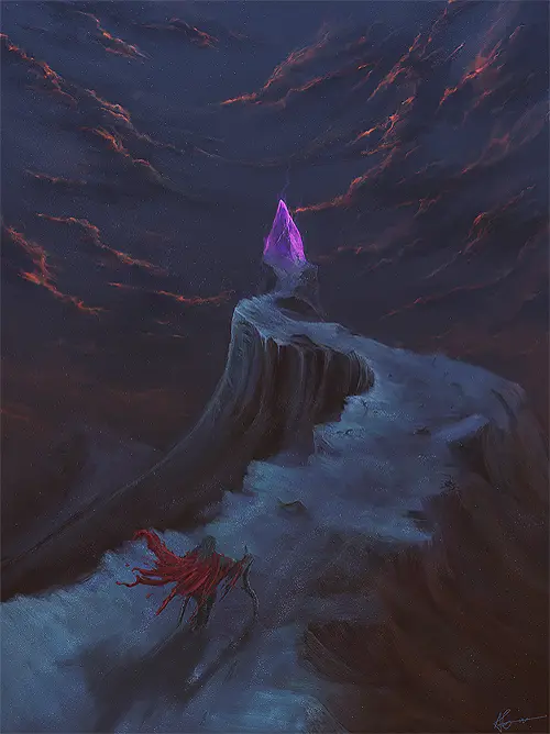 Rock spire topped by a violet crystal
