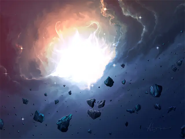 Burst of light in space, among drifting rocks