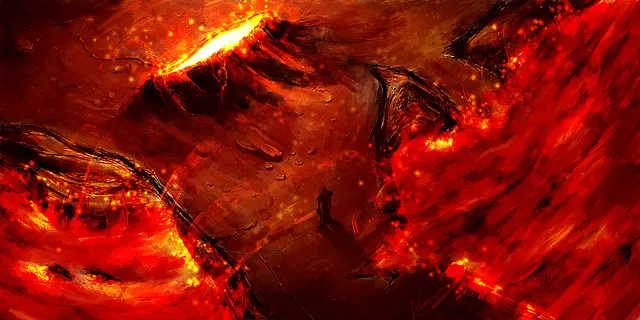 Lava field under a burning sky