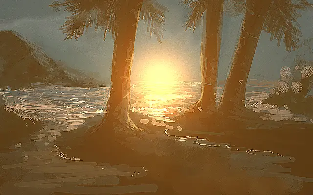 Sunset through palm trees