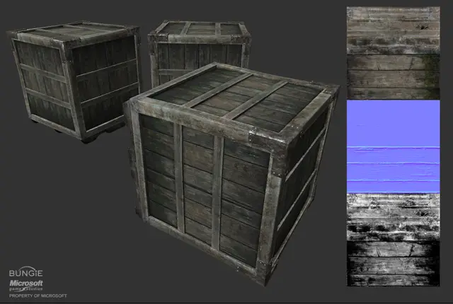 Three wooden crates beside their texture maps