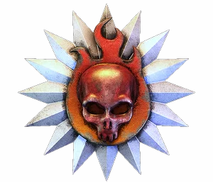 Flaming skull on a white sunburst