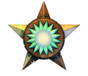 Gold star with a green starburst