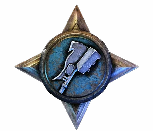 Silver star with a gravity hammer on blue