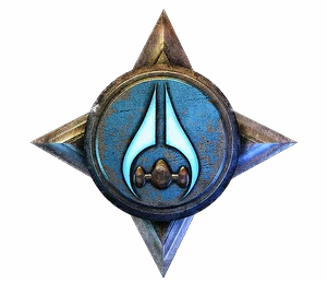 Silver star with an energy sword on blue