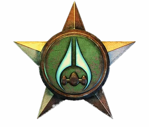 Gold star with an energy sword on green