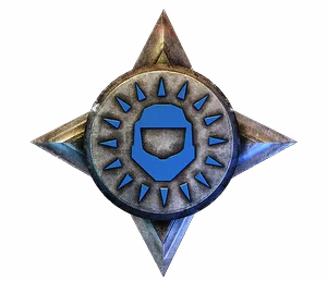 Silver star with a blue Juggernaut emblem in a spiked ring