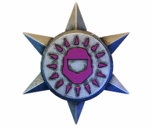 Silver star with a magenta Juggernaut emblem in a spiked ring