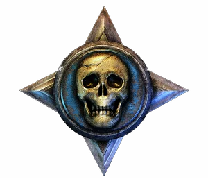 Silver star with a bone skull on blue
