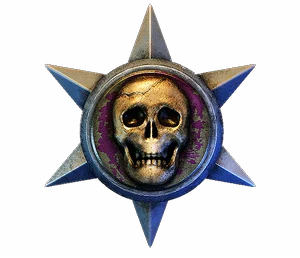 Silver star with a bone skull on purple