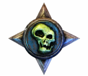Silver star with a green skull on blue