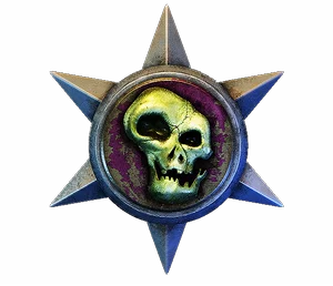 Silver star with a green skull on purple