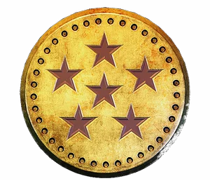 Gold coin with six maroon stars