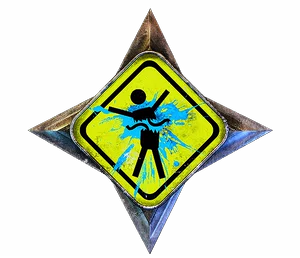 Silver star with a yellow road sign, splattered blue