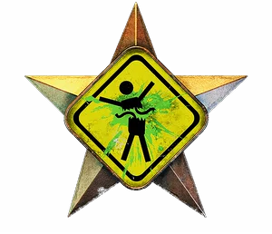 Gold star with a yellow road sign, splattered green