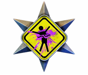 Silver star with a yellow road sign, splattered magenta