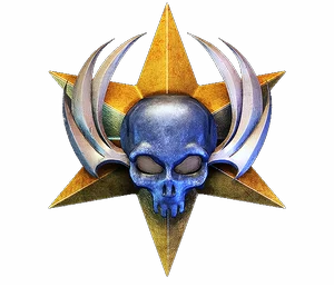 Blue skull with silver wings on a gold star