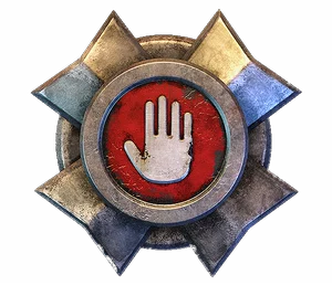 Raised hand on a red disc in a steel star