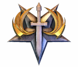 Gold sword between curved wings