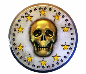 White coin with a gold skull ringed by stars