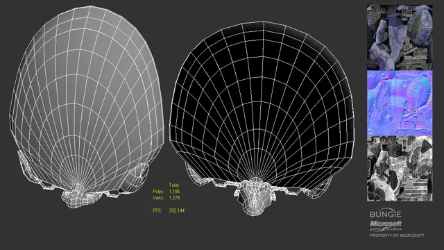 Shield wireframe, front and back, with its texture maps