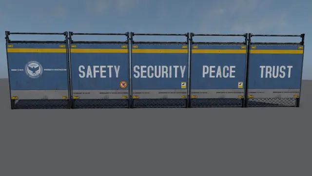 Fence panels reading SAFETY, SECURITY, PEACE, TRUST