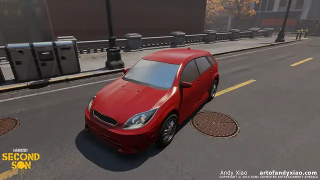 Red hatchback on a street