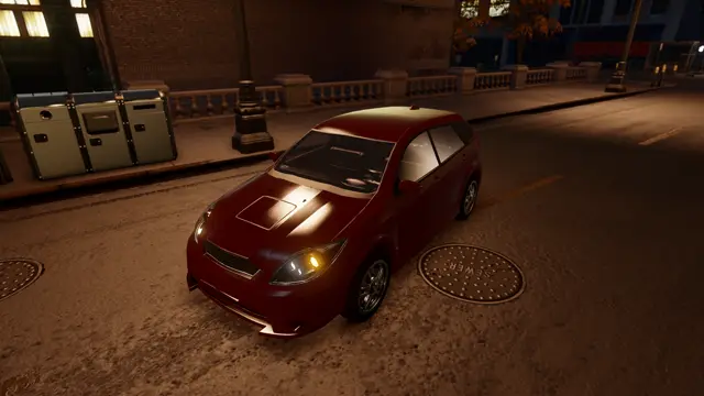 Hatchback at dusk, headlights on