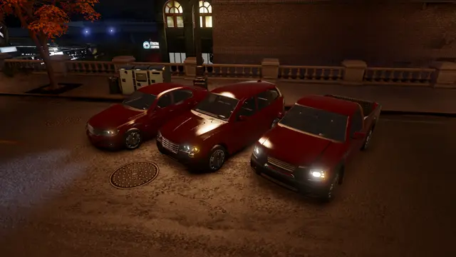 The three cars at dusk