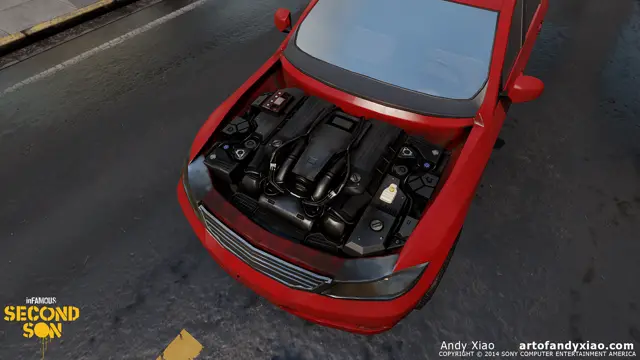 Engine bay under an open hood