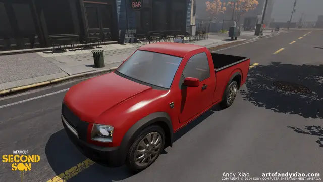 Red pickup on a street