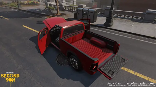 Pickup with its doors and tailgate open