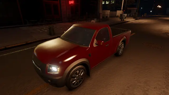 Pickup at night, headlights on