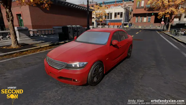 Red sedan on a street