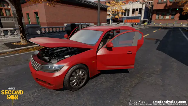 Sedan with its hood and doors open
