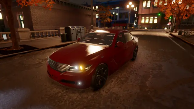 Sedan at night, headlights on