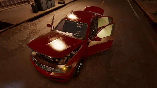 Sedan at dusk with its hood open
