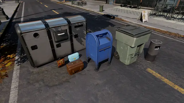 Newspaper boxes and a trash can