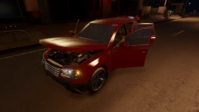 SUV at dusk with its hood and doors open